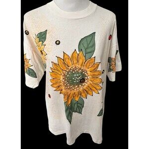 Vtg 90s Single Stitch Painted Sunflower Cottagecore Bling Tee T Shirt Sz XL